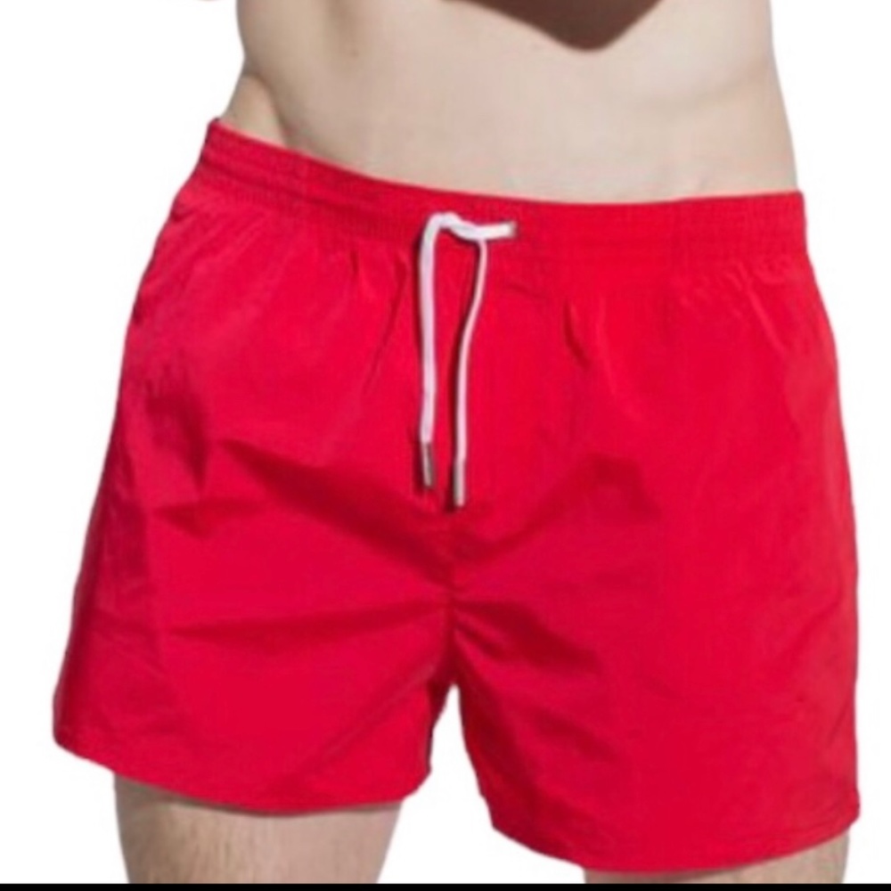 Mens Swim Trunks Red elastic waistband with pull Tie
